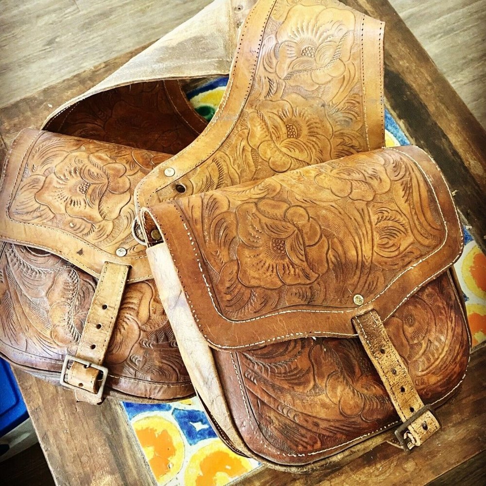 Vintage Antique Tooled Leather Saddlebags Saddle Bags Western Motorcycle OLD